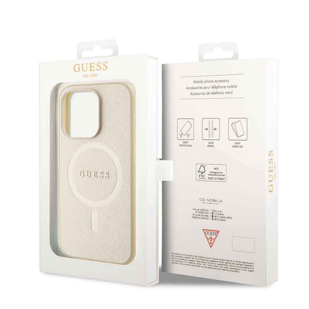 Futrola MagSafe za Apple iPhone 15 Pro, Guess, Saffiano, Bež