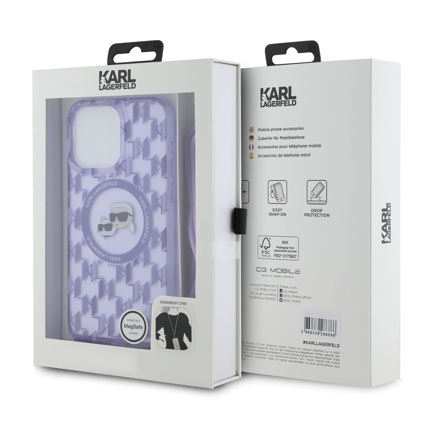 Futrola MagSafe za Apple iPhone 15 Pro, Karl Lagerfeld, IML Crossbody Monogram Karl & Choupette's Heads, Ljubičasta