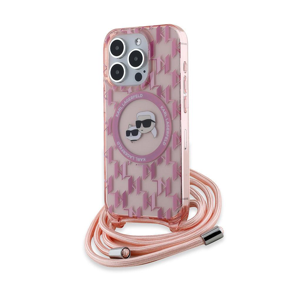 MagSafe torbica za Apple iPhone 15 Pro, Karl Lagerfeld, IML Crossbody Monogram Karl & Choupette's Heads, Roza