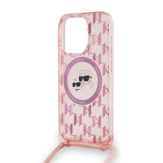 MagSafe torbica za Apple iPhone 15 Pro, Karl Lagerfeld, IML Crossbody Monogram Karl & Choupette's Heads, Roza
