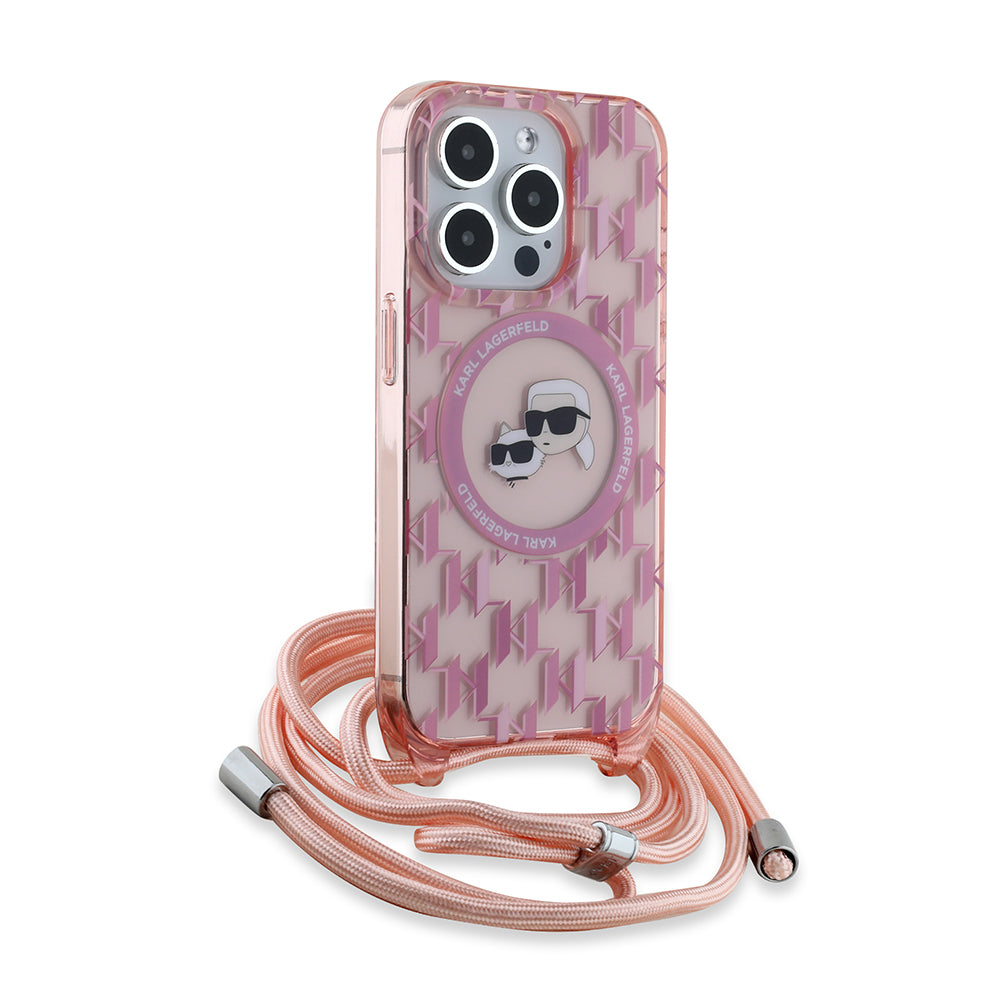 MagSafe torbica za Apple iPhone 15 Pro, Karl Lagerfeld, IML Crossbody Monogram Karl & Choupette's Heads, Roza