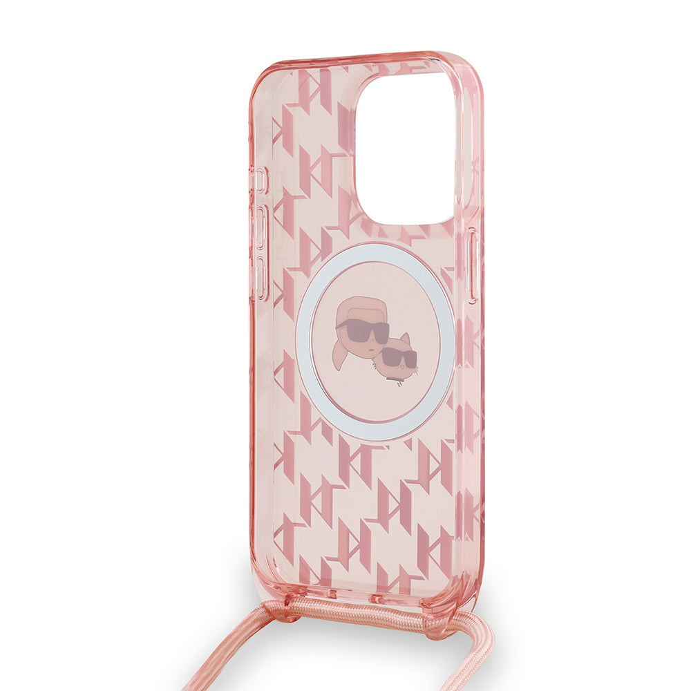 MagSafe torbica za Apple iPhone 15 Pro, Karl Lagerfeld, IML Crossbody Monogram Karl & Choupette's Heads, Roza