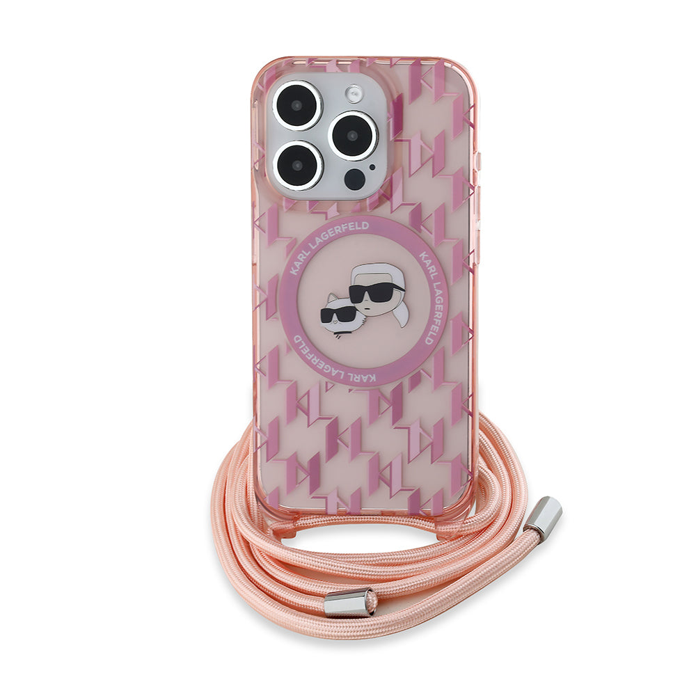 MagSafe torbica za Apple iPhone 15 Pro, Karl Lagerfeld, IML Crossbody Monogram Karl & Choupette's Heads, Roza