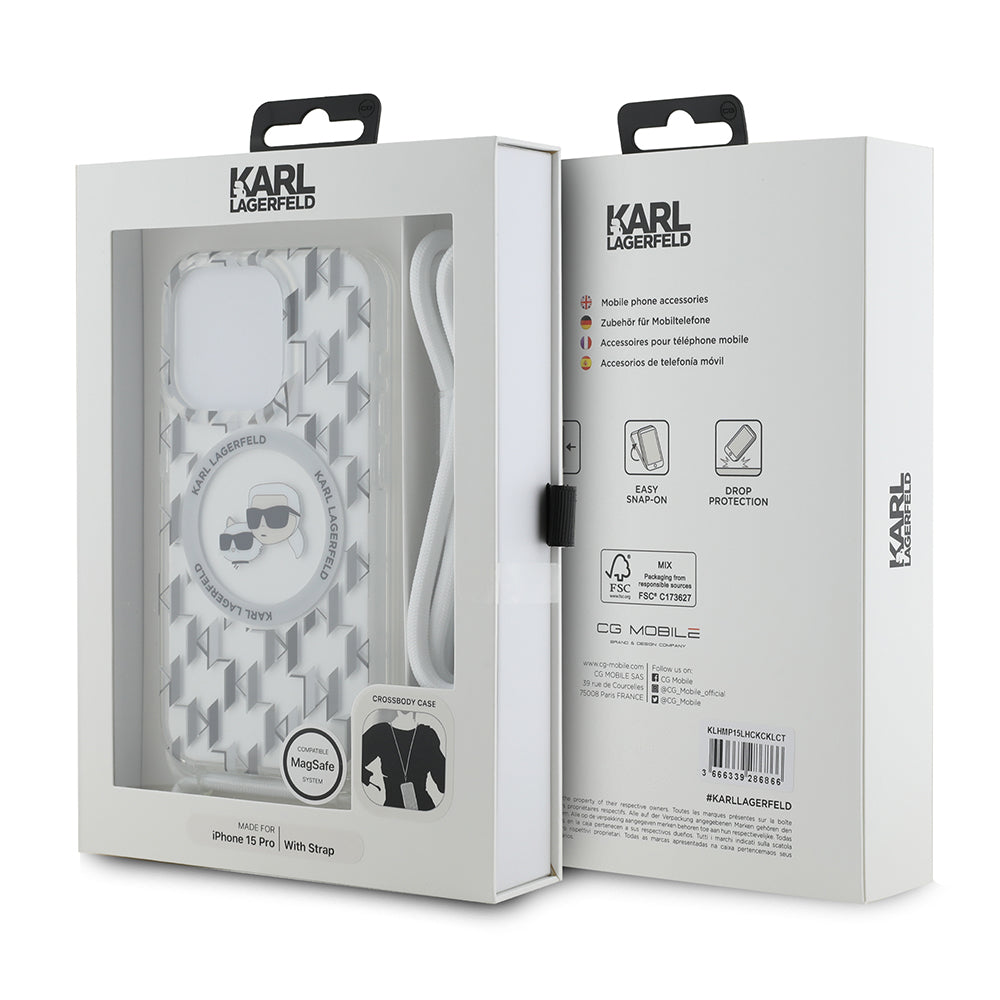MagSafe futrola za Apple iPhone 15 Pro, Karl Lagerfeld, IML Crossbody Monogram Karl & Choupette's Heads, Prozirna