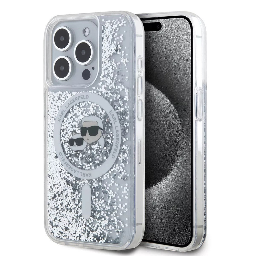 Futrola MagSafe za Apple iPhone 15 Pro, Karl Lagerfeld, Liquid Glitter Karl & Choupette's Heads, Prozirna