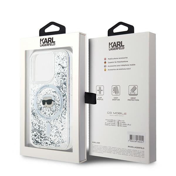 Husa MagSafe za Apple iPhone 15 Pro, Karl Lagerfeld, Liquid Glitter Karl's Head, Prozirna
