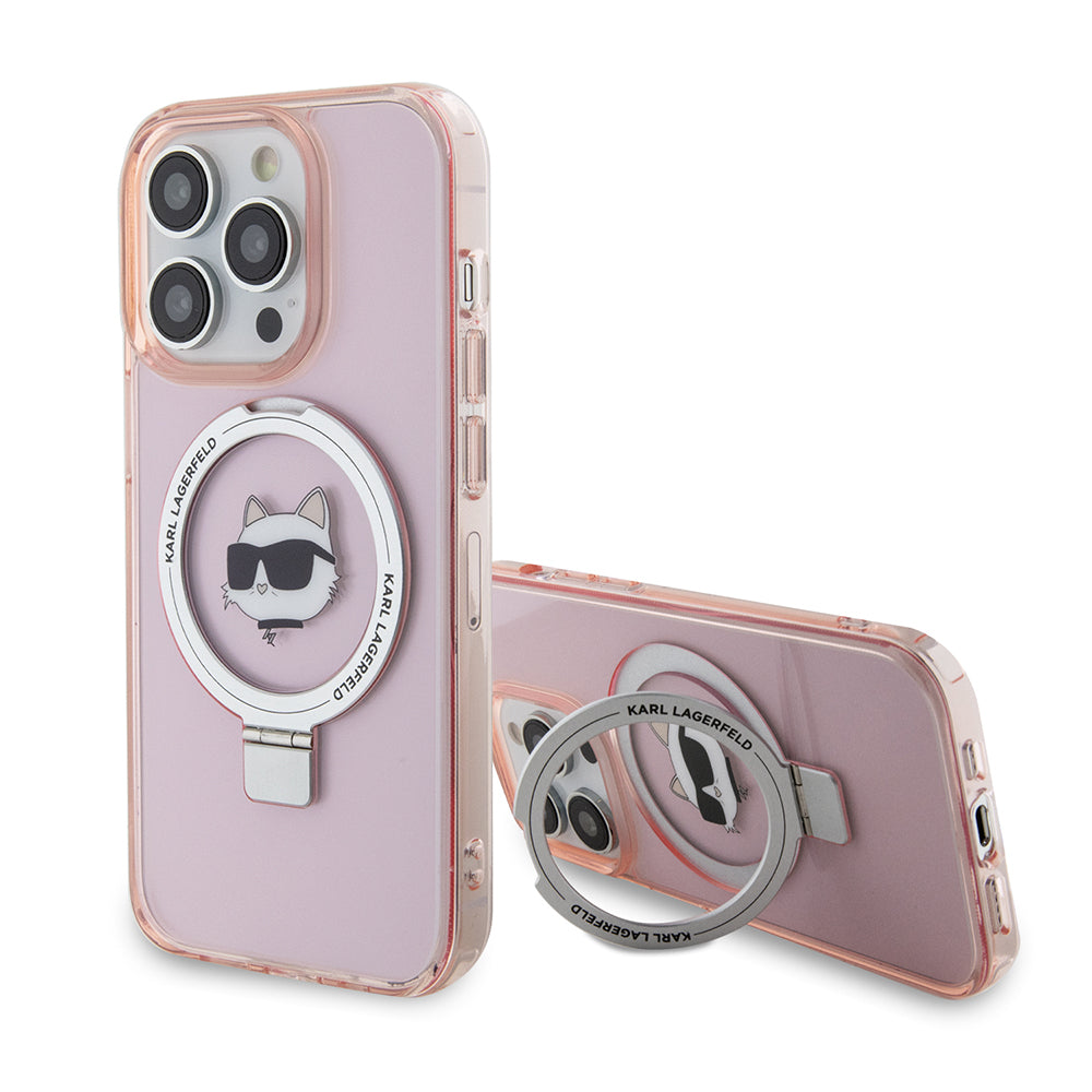 MagSafe torbica za Apple iPhone 15 Pro, Karl Lagerfeld, Ring Stand Choupette's Head, Roza