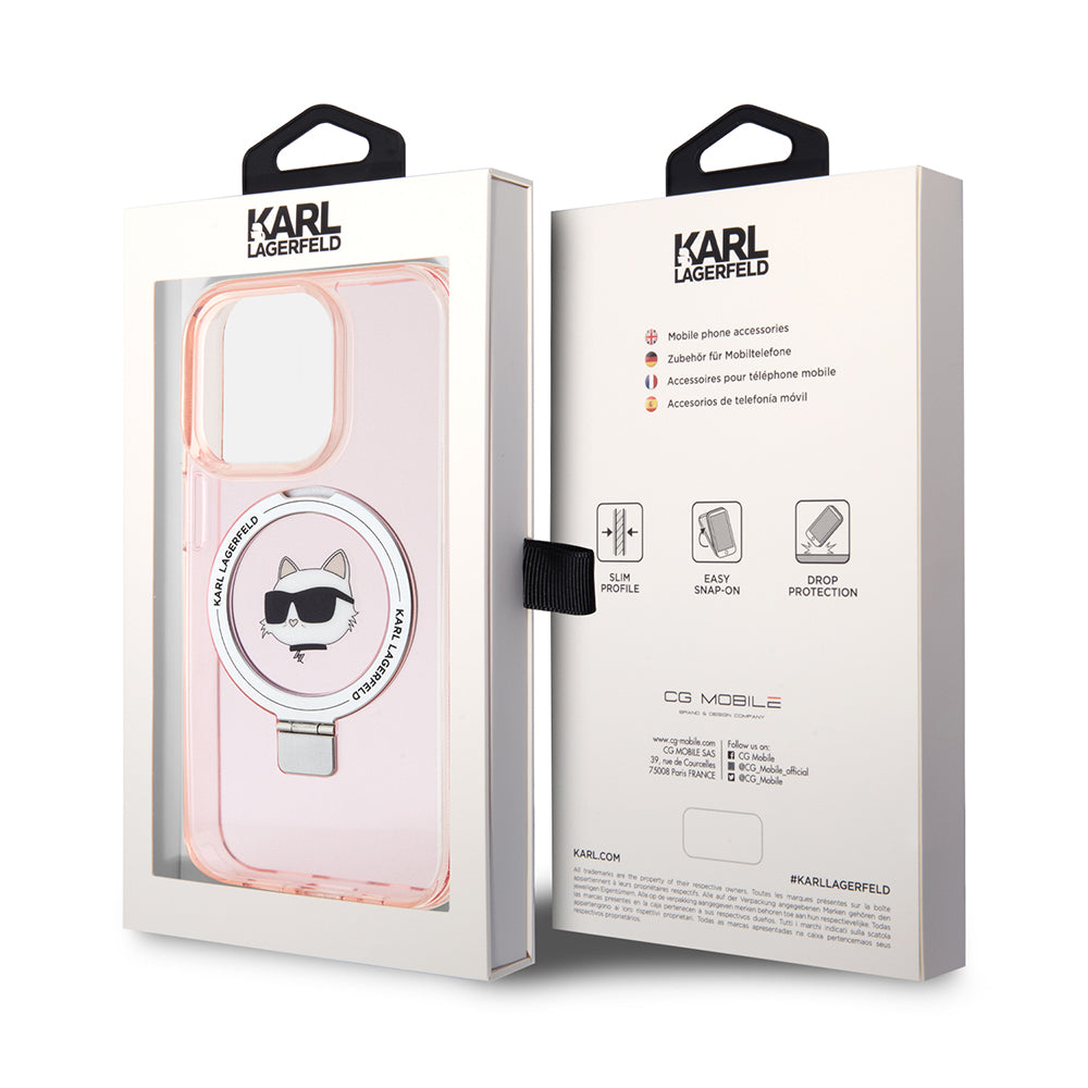 MagSafe torbica za Apple iPhone 15 Pro, Karl Lagerfeld, Ring Stand Choupette's Head, Roza