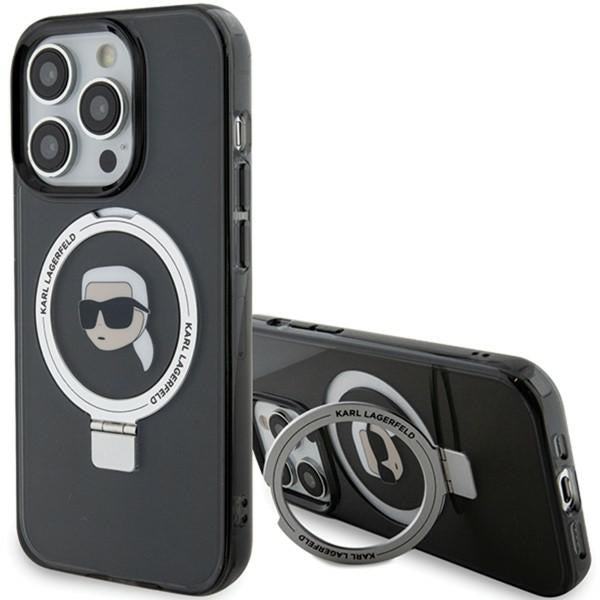 Husa MagSafe za Apple iPhone 15 Pro, Karl Lagerfeld, Ring Stand Karl's Head, Crna