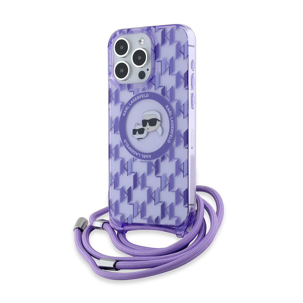 MagSafe futrola za Apple iPhone 15 Pro Max, Karl Lagerfeld, IML Crossbody Monogram Karl & Choupette's Heads, Ljubičasta