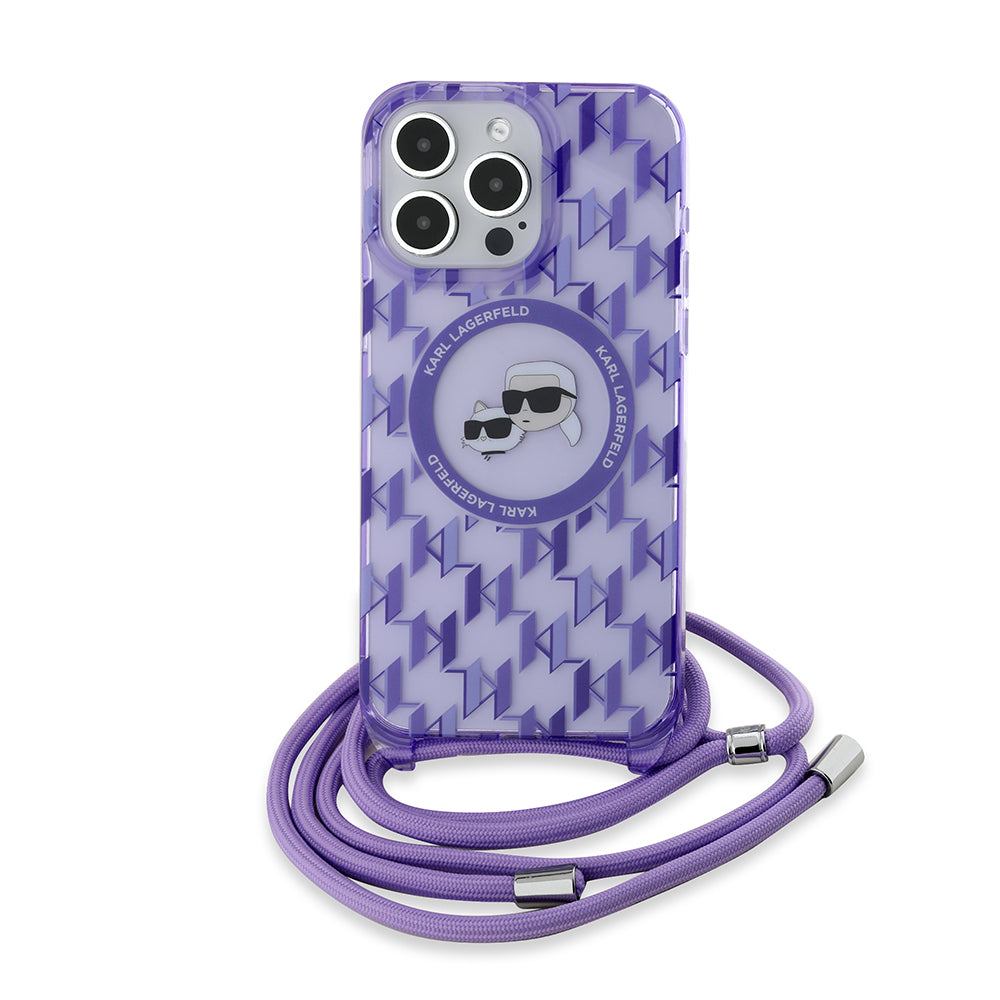 MagSafe futrola za Apple iPhone 15 Pro Max, Karl Lagerfeld, IML Crossbody Monogram Karl & Choupette's Heads, Ljubičasta