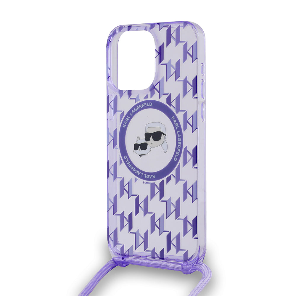 MagSafe futrola za Apple iPhone 15 Pro Max, Karl Lagerfeld, IML Crossbody Monogram Karl & Choupette's Heads, Ljubičasta