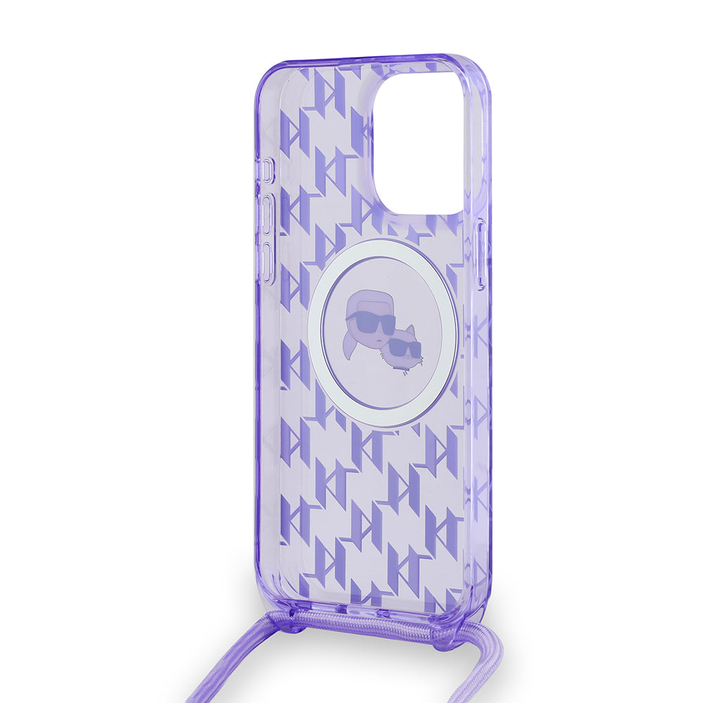 MagSafe futrola za Apple iPhone 15 Pro Max, Karl Lagerfeld, IML Crossbody Monogram Karl & Choupette's Heads, Ljubičasta