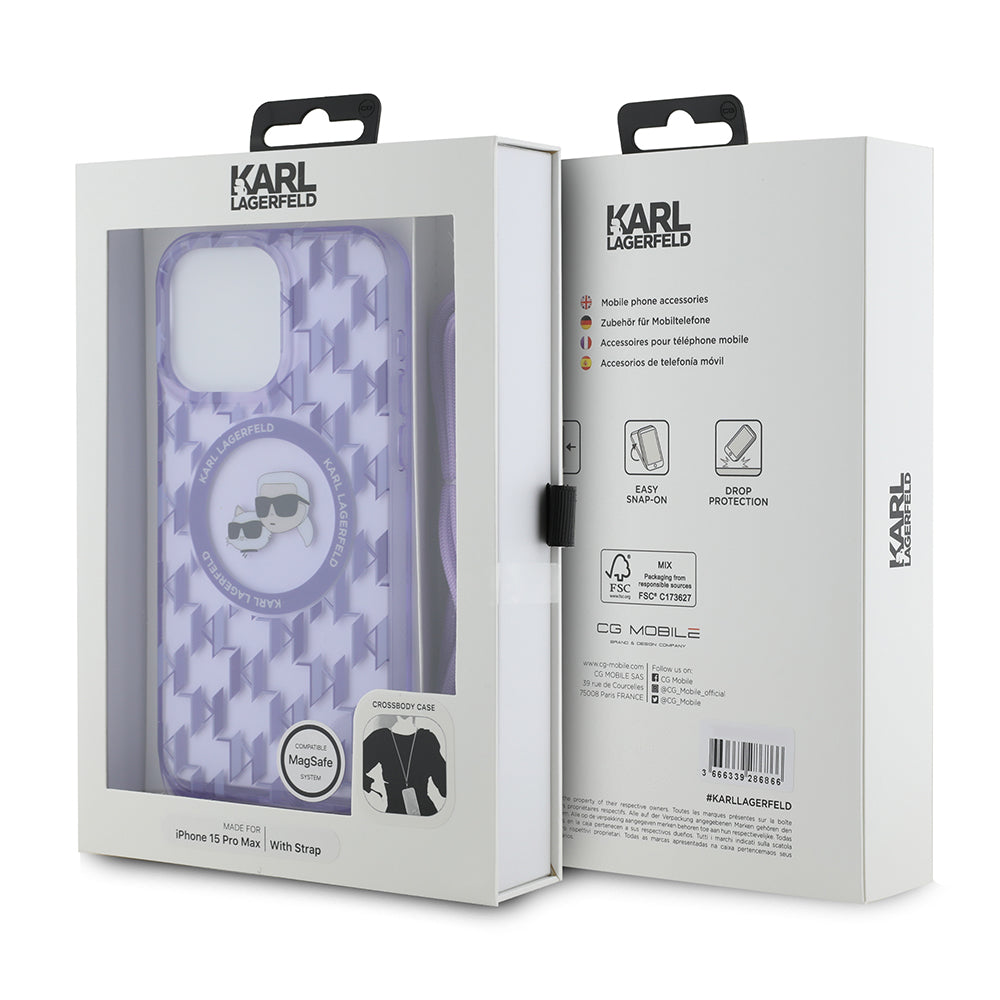 MagSafe futrola za Apple iPhone 15 Pro Max, Karl Lagerfeld, IML Crossbody Monogram Karl & Choupette's Heads, Ljubičasta