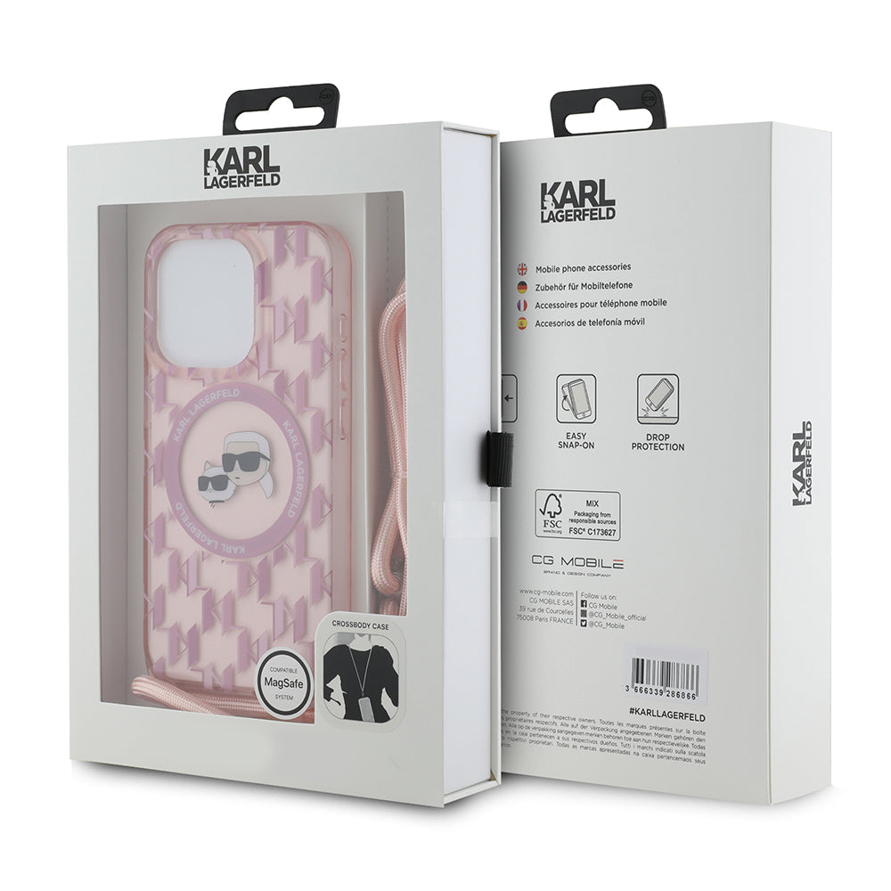 Futrola MagSafe za Apple iPhone 15 Pro Max, Karl Lagerfeld, IML Crossbody Monogram Karl & Choupette's Heads, Roza