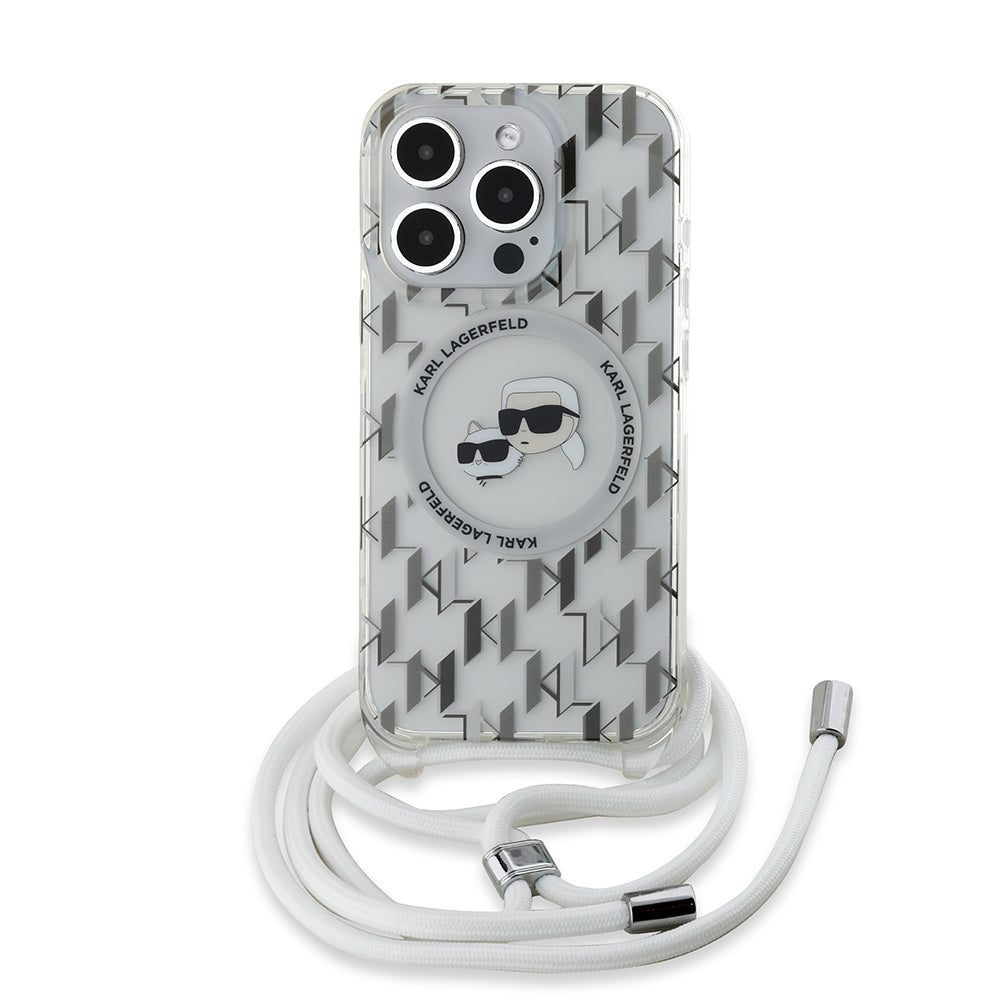 Futrola MagSafe za Apple iPhone 15 Pro Max, Karl Lagerfeld, IML Crossbody Monogram Karl & Choupette's Heads, Prozirna