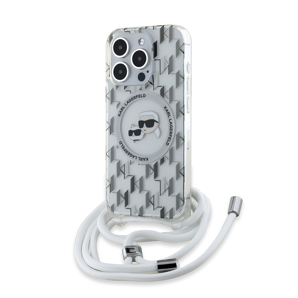 Futrola MagSafe za Apple iPhone 15 Pro Max, Karl Lagerfeld, IML Crossbody Monogram Karl & Choupette's Heads, Prozirna