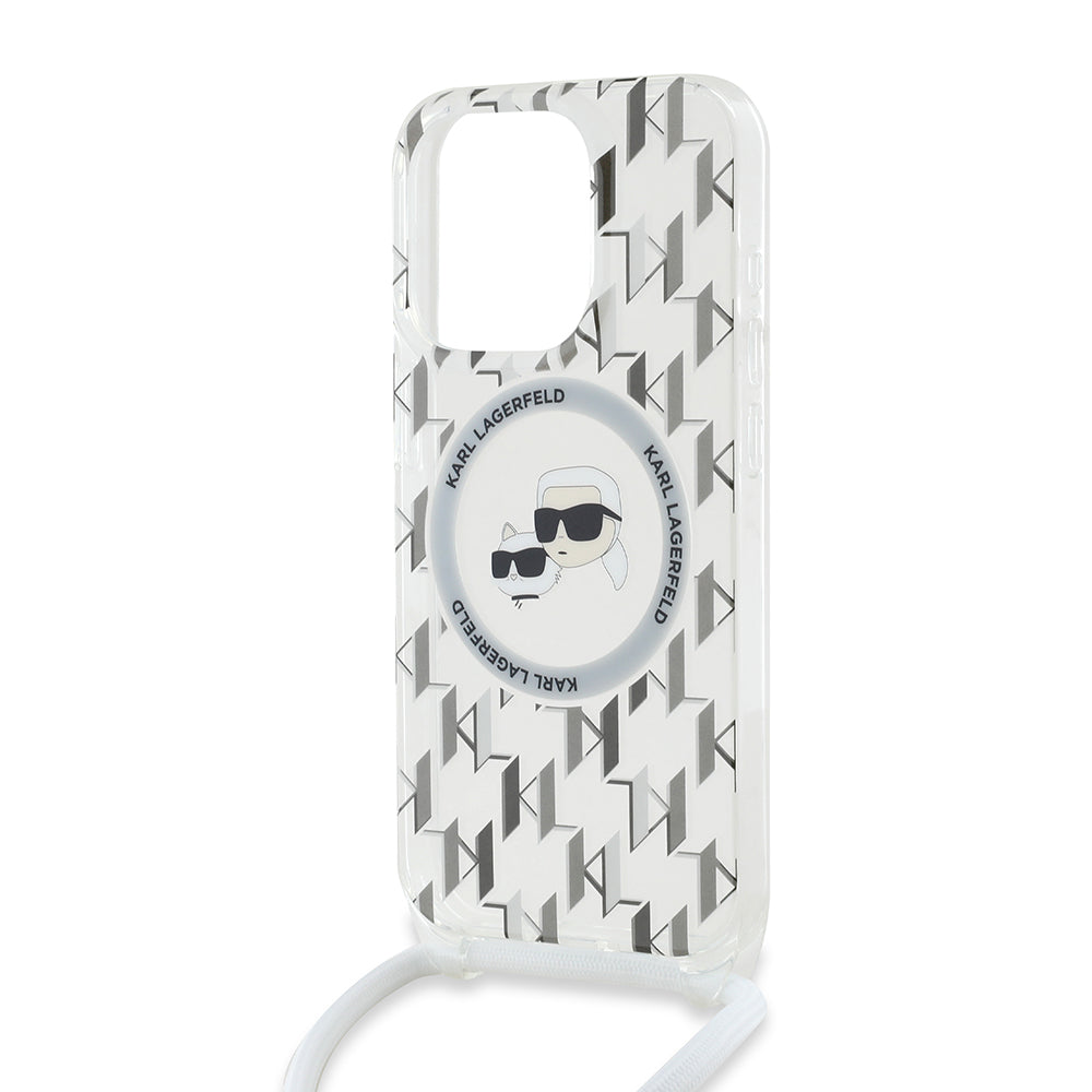 Futrola MagSafe za Apple iPhone 15 Pro Max, Karl Lagerfeld, IML Crossbody Monogram Karl & Choupette's Heads, Prozirna