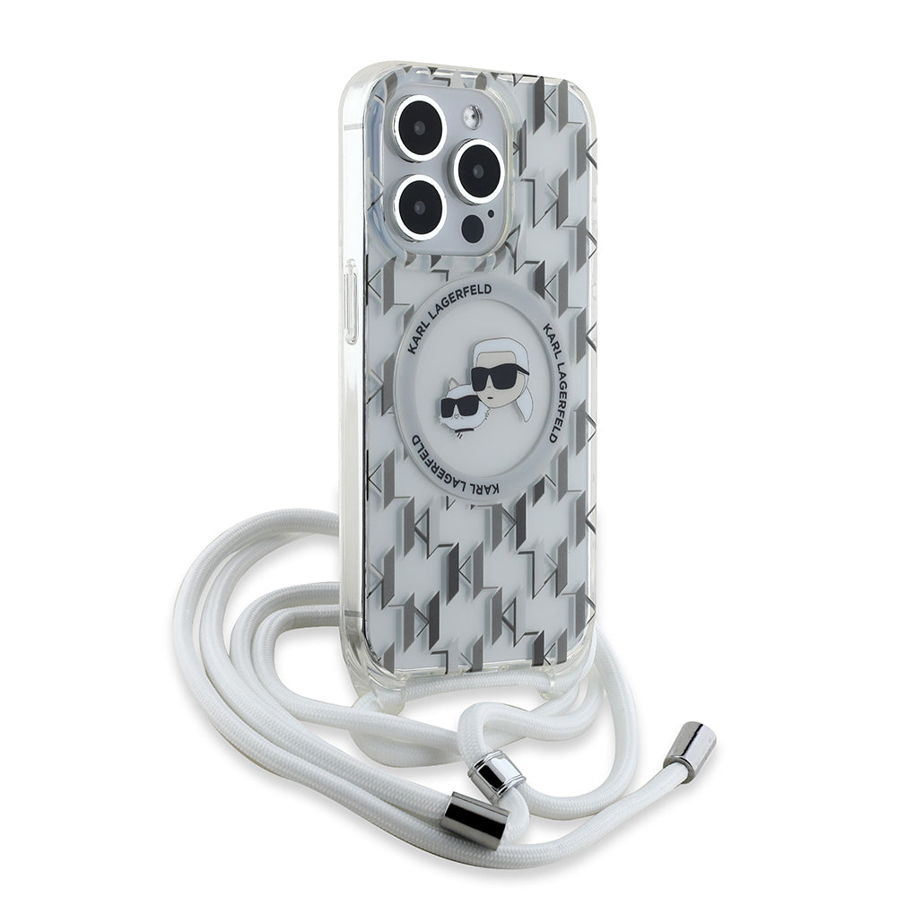 Futrola MagSafe za Apple iPhone 15 Pro Max, Karl Lagerfeld, IML Crossbody Monogram Karl & Choupette's Heads, Prozirna