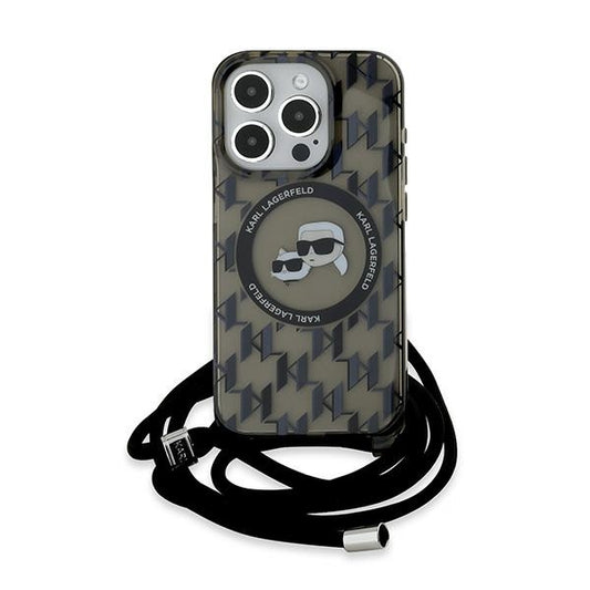 MagSafe futrola za Apple iPhone 15 Pro Max, Karl Lagerfeld, IML Crossbody Monogram Karl & Choupette's Heads, Crna