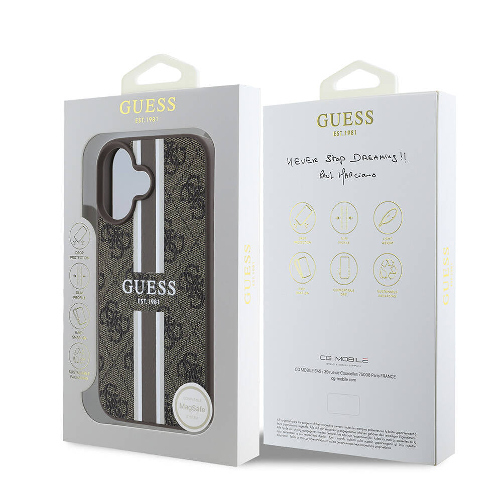 MagSafe futrola za Apple iPhone 16, Guess, 4G Printed Stripes, smeđa