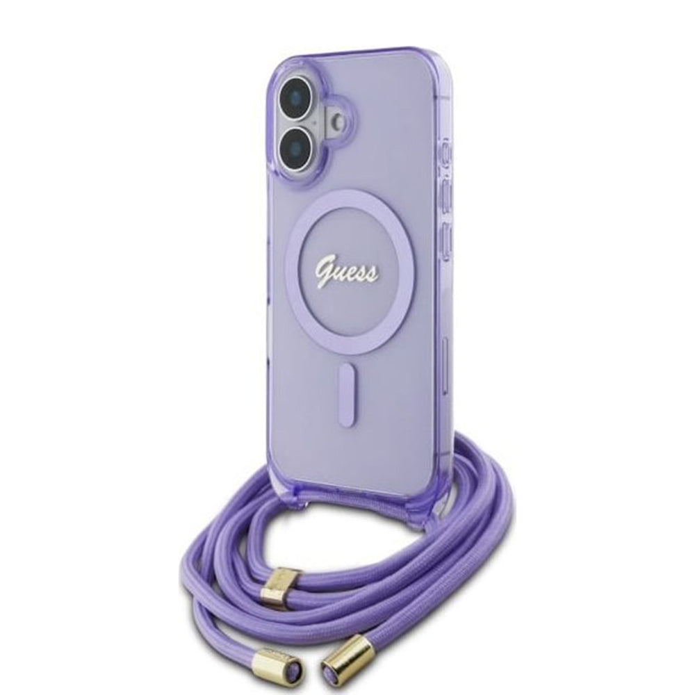 Futrola MagSafe za Apple iPhone 16, Guess, IML Crossbody Cord Script, Ljubičasta