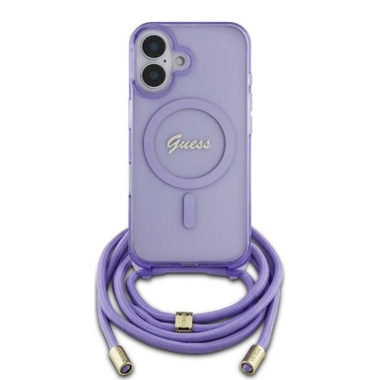 MagSafe torbica za Apple iPhone 16, Guess, IML Crossbody Cord Script, Roza