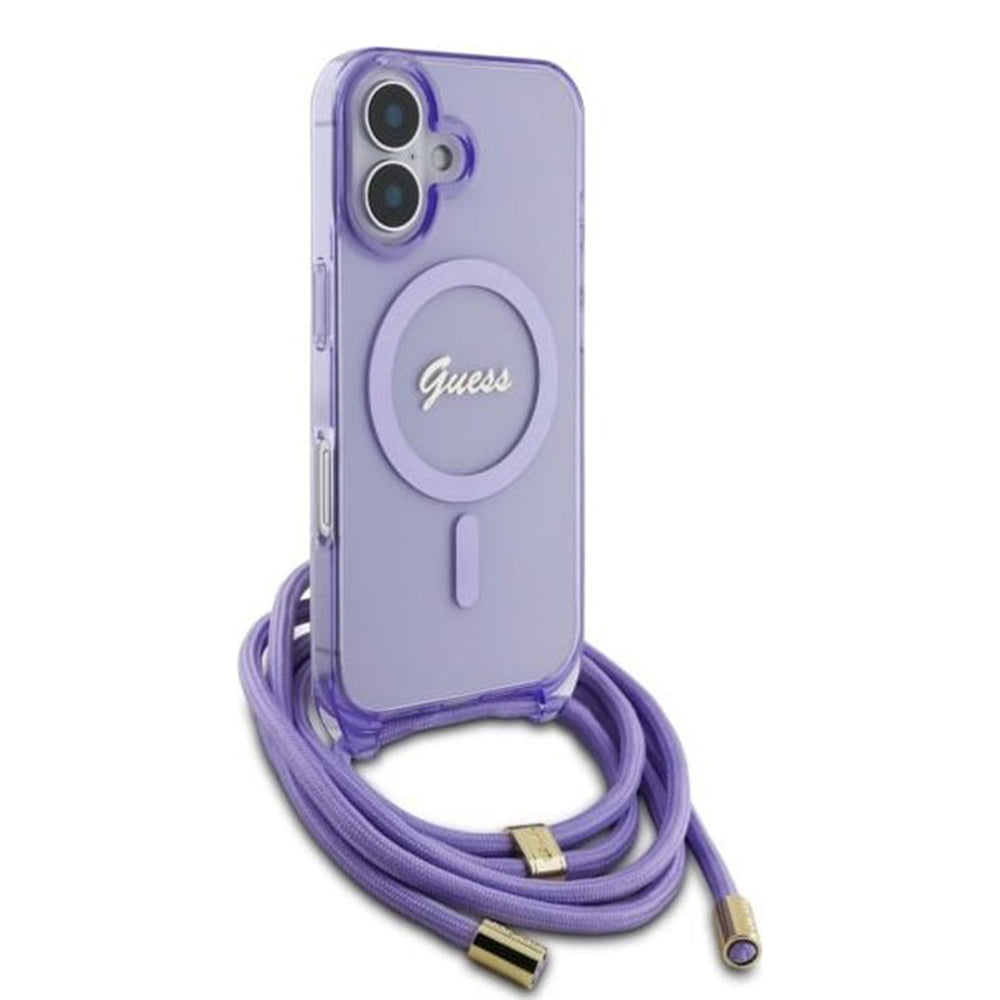 MagSafe torbica za Apple iPhone 16, Guess, IML Crossbody Cord Script, Roza