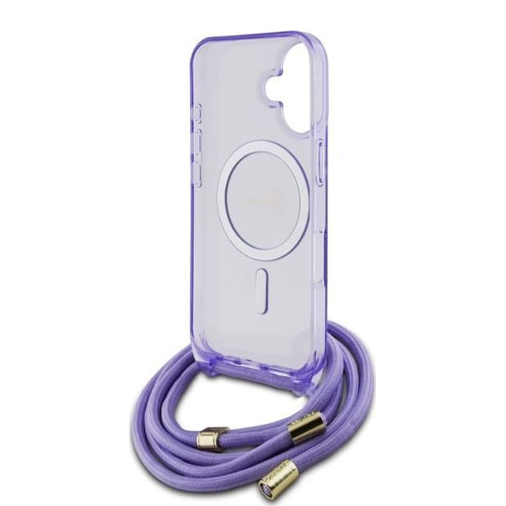 MagSafe torbica za Apple iPhone 16, Guess, IML Crossbody Cord Script, Roza