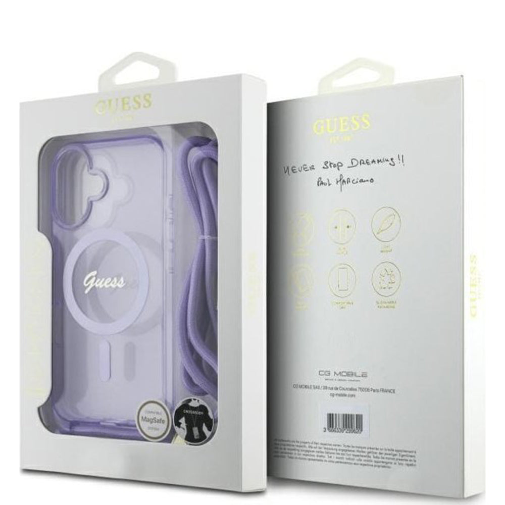 MagSafe torbica za Apple iPhone 16, Guess, IML Crossbody Cord Script, Roza