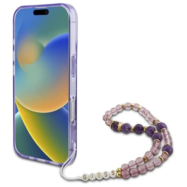 Husa MagSafe za Apple iPhone 16, Guess, IML Flowers with Pearl Strap, Ljubičasta