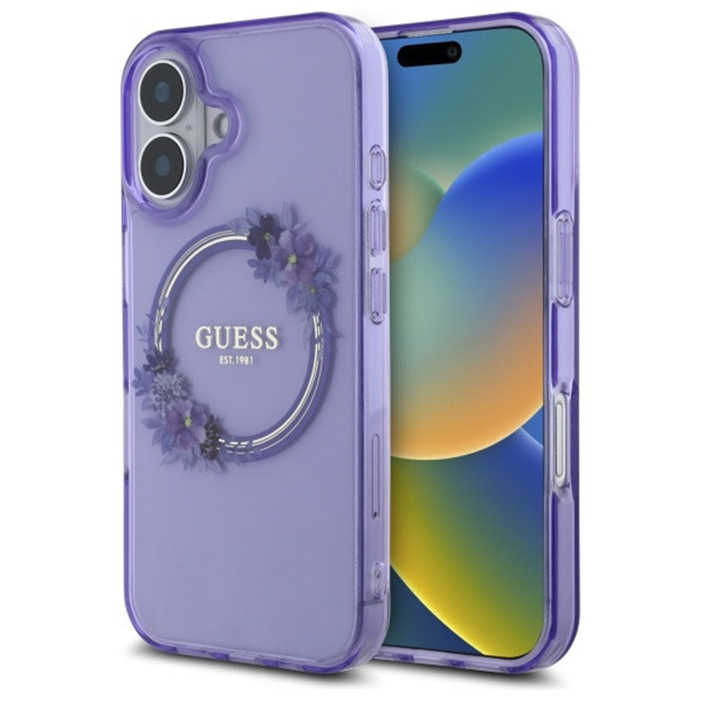 MagSafe torbica za Apple iPhone 16, Guess, IML Flowers Wreath, Ljubičasta