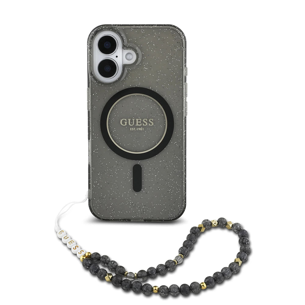 MagSafe futrola za Apple iPhone 16, Guess, IML Glitter s perlom trakom, Crna