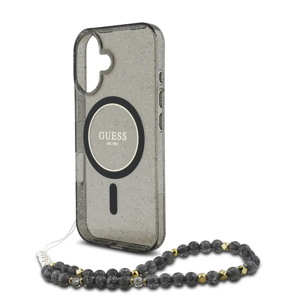 MagSafe futrola za Apple iPhone 16, Guess, IML Glitter s perlom trakom, Crna