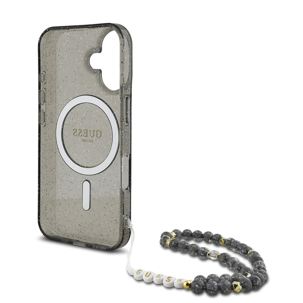 MagSafe futrola za Apple iPhone 16, Guess, IML Glitter s perlom trakom, Crna