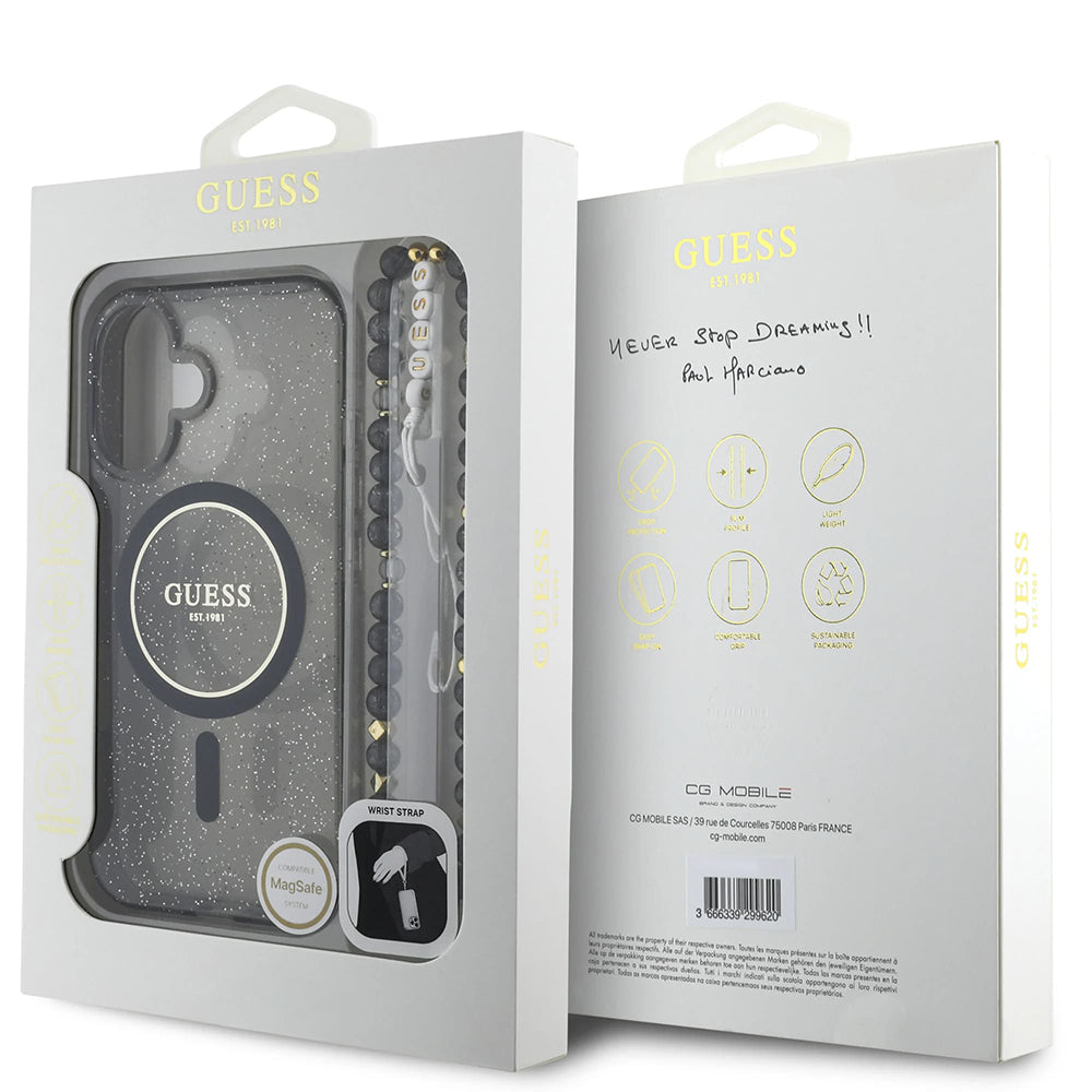 MagSafe futrola za Apple iPhone 16, Guess, IML Glitter s perlom trakom, Crna