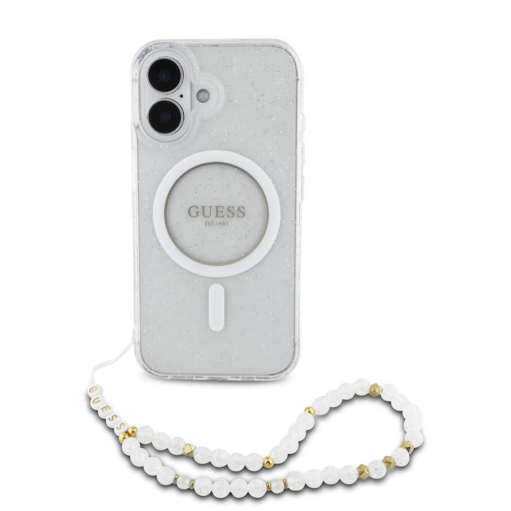 MagSafe torbica za Apple iPhone 16, Guess, IML Glitter s perlama, Prozirna