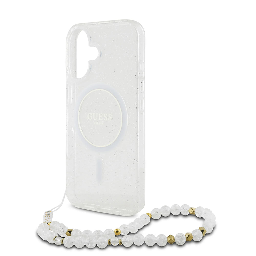 MagSafe torbica za Apple iPhone 16, Guess, IML Glitter s perlama, Prozirna