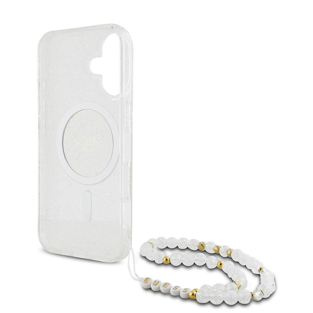 MagSafe torbica za Apple iPhone 16, Guess, IML Glitter s perlama, Prozirna