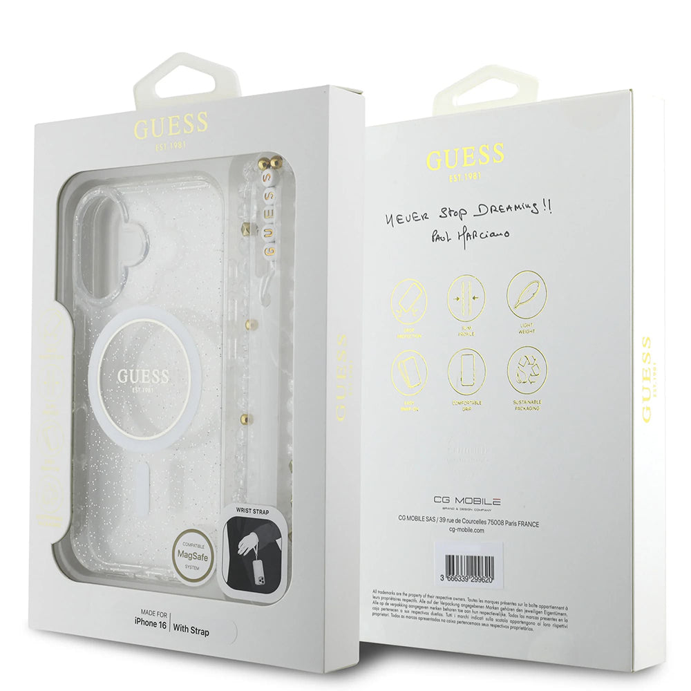 MagSafe torbica za Apple iPhone 16, Guess, IML Glitter s perlama, Prozirna