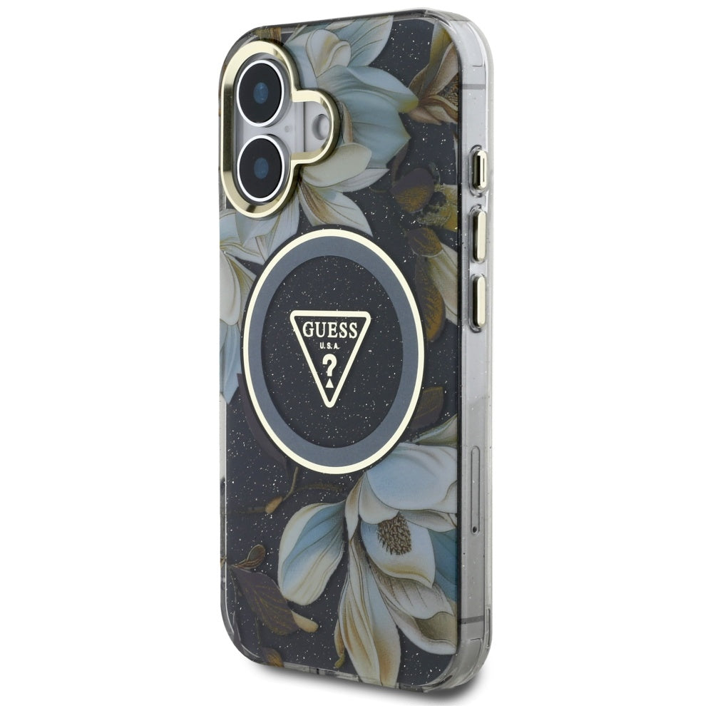 Futrola MagSafe za Apple iPhone 16, Guess, IML Metal Glitter Flowers Triangle, Crna