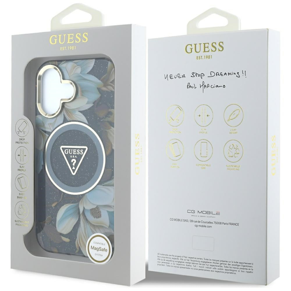 Futrola MagSafe za Apple iPhone 16, Guess, IML Metal Glitter Flowers Triangle, Crna