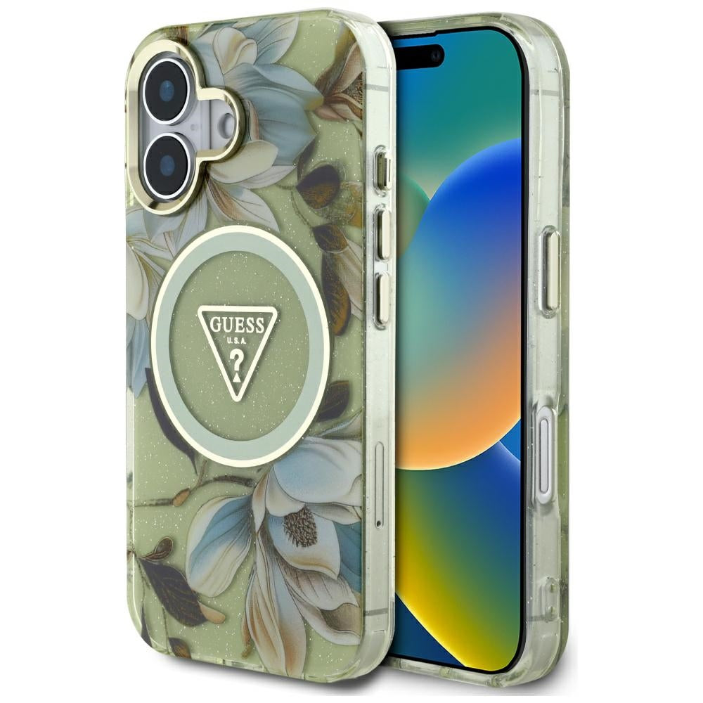 MagSafe futrola za Apple iPhone 16, Guess, IML Metal Glitter Flowers Triangle, Zelena