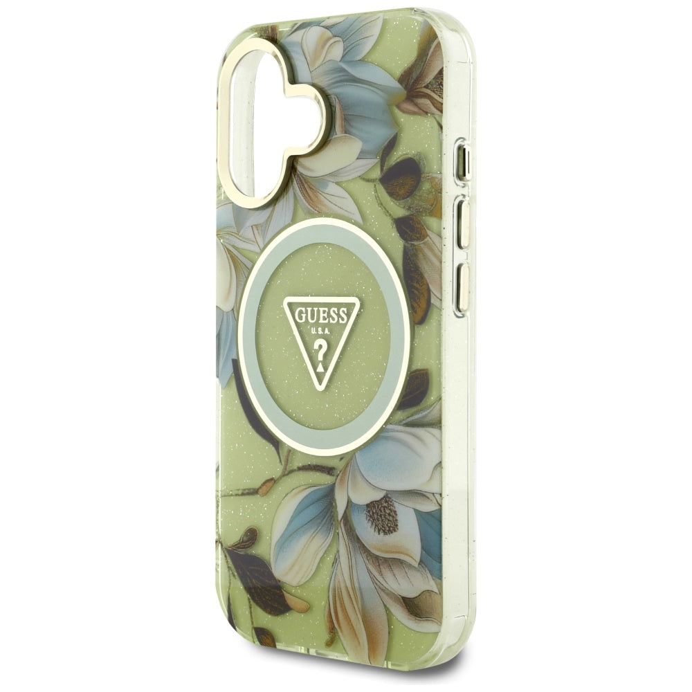 MagSafe futrola za Apple iPhone 16, Guess, IML Metal Glitter Flowers Triangle, Zelena