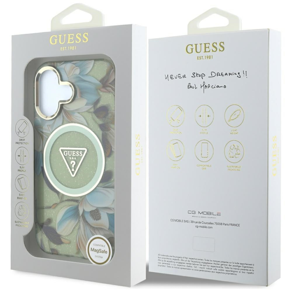 MagSafe futrola za Apple iPhone 16, Guess, IML Metal Glitter Flowers Triangle, Zelena