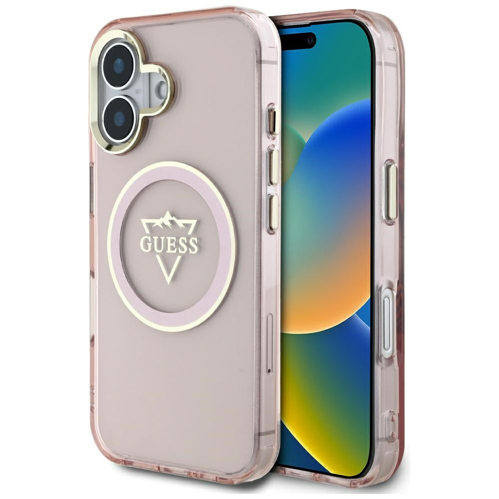 Futrola MagSafe za Apple iPhone 16, Guess, IML Metal Mountain Logo, Roza