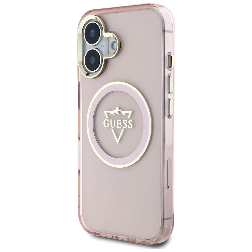 Futrola MagSafe za Apple iPhone 16, Guess, IML Metal Mountain Logo, Roza