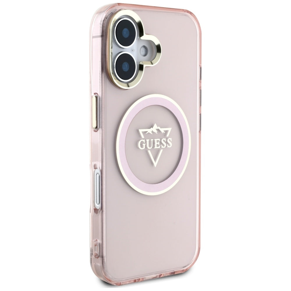 Futrola MagSafe za Apple iPhone 16, Guess, IML Metal Mountain Logo, Roza