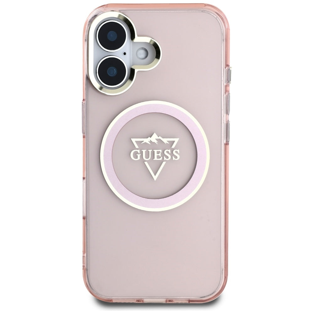 Futrola MagSafe za Apple iPhone 16, Guess, IML Metal Mountain Logo, Roza