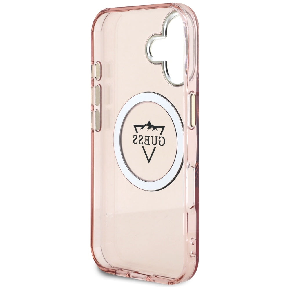 Futrola MagSafe za Apple iPhone 16, Guess, IML Metal Mountain Logo, Roza